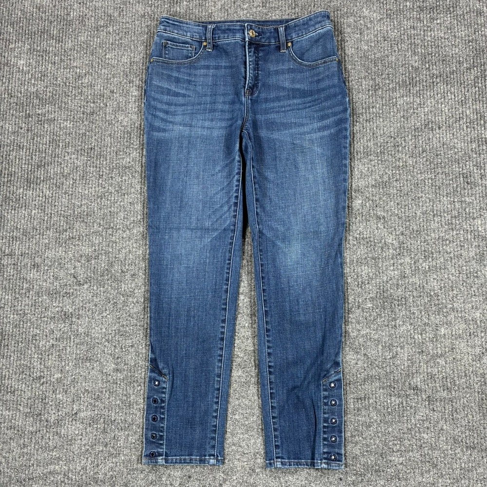 Chico's So Slimming Girlfriend Slim Leg Ankle Jeans 2R Blue Denim Button Hem